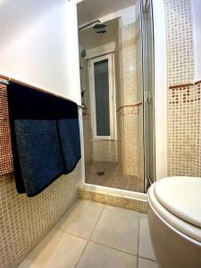 y baño con ducha, aseo y lavamanos. en Piso ideal en Goya junto a Wizink Center, en Madrid
