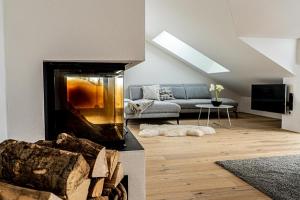 - un salon avec une cheminée et un canapé dans l'établissement Alpenloft Ausblick, à Oberstaufen