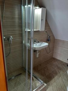 W łazience znajduje się umywalka i prysznic. w obiekcie Nosztalgia Vendégház w mieście Zalaegerszeg