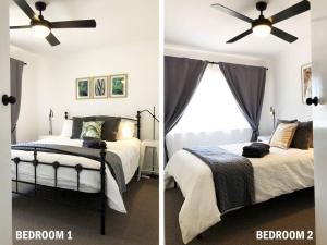 1 dormitorio con 2 camas y ventilador de techo en Few Steps Into Town - Corner House en Geraldton