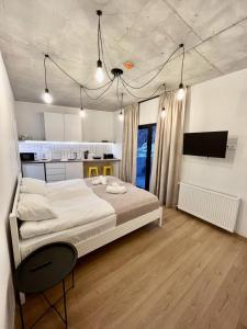 a bedroom with a large bed and a kitchen at Mountpeak-Studio #4B in Gudauri