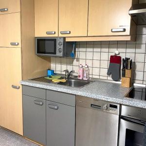una cocina con fregadero y microondas en Ferienwohnung Wolff, Kelkheim, en Kelkheim