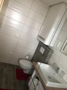 een kleine badkamer met een toilet en een wastafel bij Chalet Schröder in Klippitztorl