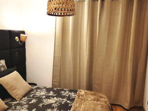 a bedroom with a bed with a curtain and a chandelier at Cosy Loft - Appartement de charme in Marsannay-la-Côte