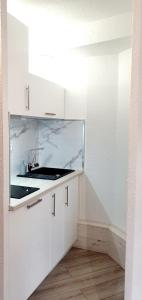 a kitchen with white cabinets and a sink at Isola 2000 pied des pistes-wifi in Isola
