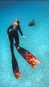 a woman on a surfboard in the water with a turtle at Chrysomare Beach Hotel & Resort in Ayia Napa