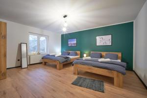 a bedroom with two beds and a green wall at Apartmány U Rodinky in Lipova Lazne