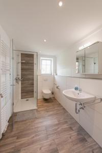 a bathroom with a sink and a toilet and a shower at Gästehaus Hegerweg 2, Calden in Calden
