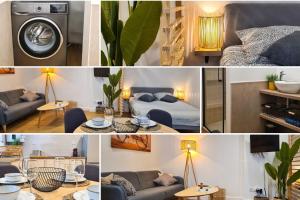 eine Collage mit Fotos von einem Schlafzimmer und einem Wohnzimmer in der Unterkunft Magnifique appartement rénové plein centre-ville in Marmande