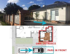 a floor plan of a house with an entrance and a car at Studio A - Small Gem On The Busy Road in Perth