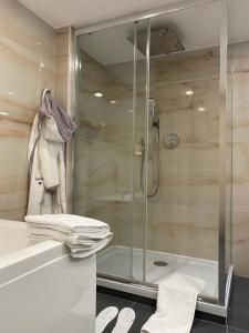 a shower in a bathroom with a glass shower stall at Lux Apartment near Frankfurt! in Mörfelden-Walldorf