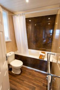 a bathroom with a toilet and a bath tub at Palm Court Hotel in Great Yarmouth