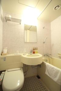 新瀉的住宿－新潟東映酒店，一间带卫生间、水槽和镜子的浴室