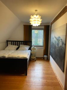 1 dormitorio con cama y lámpara de araña en Ferienwohnung Varus en Ostercappeln