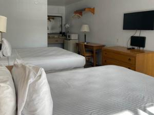 ein Hotelzimmer mit 2 Betten und einem Schreibtisch mit einem TV in der Unterkunft Motel 6 San Francisco CA Lombard Street in San Francisco