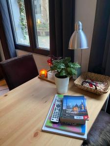安特衛普的住宿－Garden Suite in city center，书本和桌子上的遥控器