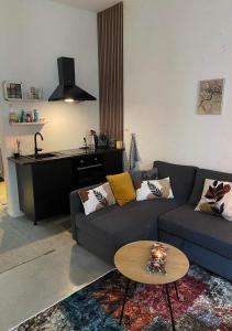 een woonkamer met een bank en een tafel bij Garden Suite in city center in Antwerpen