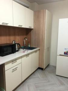 a kitchen with a microwave and a sink and a refrigerator at Apartment on Zarwanska Street in Kamianets-Podilskyi