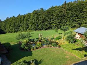 una vista aérea de un jardín en un campo en Haus Jägerfleck, Ihre Ferienwohnungen am Nationalpark Bayerischer Wald, en Spiegelau