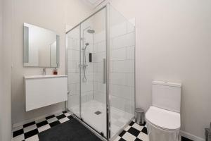 a bathroom with a shower with a toilet and a sink at Amazing appartement à Liège avec jardin in Liège +5 photos