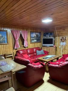 sala de estar con sofá rojo y mesa en Golija Vikendica Česta Vrela en Raška