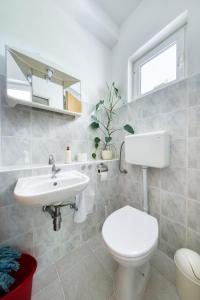 a bathroom with a white toilet and a sink at Apartment Justina in Murter