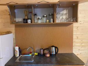 eine Küche mit einer Spüle und einer Arbeitsplatte mit einem Kühlschrank in der Unterkunft Chalet Rivier • შალე რივიერ in K'eda
