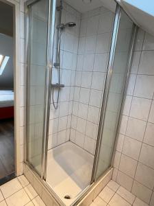 a shower with a glass door in a bathroom at TopSleep Apartment 26-3 in Arnhem