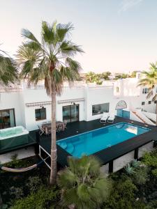 an aerial view of a house with a swimming pool and palm trees at Villa Los Flamencos by Veaco- Beachfront & pool in Corralejo