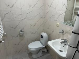 a white bathroom with a toilet and a sink at Oldtown Apartments in Mtskheta