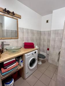 a bathroom with a washing machine and a sink at Studio bord de mer in Filaos +17 photos