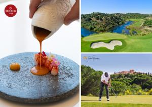 un collage de fotos con un hombre jugando al golf y un plato de comida en Monte Rei Golf & Country Club en Vila Nova de Cacela