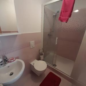 een badkamer met een toilet, een wastafel en een douche bij Atlantis Home 2 in Kulen Vakuf