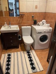 a bathroom with a toilet and a sink and a washing machine at Urokliwy Apartament w Nowym Sączu in Nowy Sącz