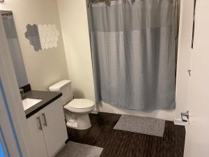 a bathroom with a toilet and a shower curtain at DTLA quiet place in Los Angeles