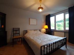 a bedroom with a bed and a chair and a window at Apartament u Tomka Premium in Ustrzyki Dolne