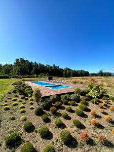 a swimming pool in a field with plants at Mawün Lodge in Villarrica