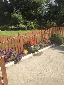 una valla de madera con flores en un jardín en The Crossroads B&B en New Ross
