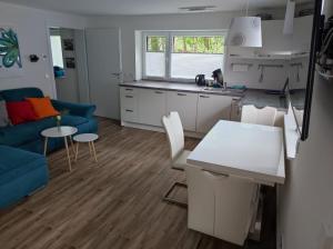 eine Küche und ein Wohnzimmer mit einem Sofa und einem Tisch in der Unterkunft Weinseelig14 in Landau in der Pfalz