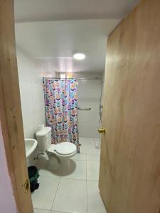 a bathroom with a toilet and a shower curtain at Rincon de Las Condes in Santiago