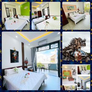 een collage van foto's van een hotelkamer bij Full House Homestay in Hue