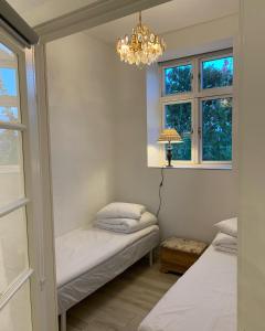 a bedroom with two beds and a chandelier at LatterLy Apartments in Voel