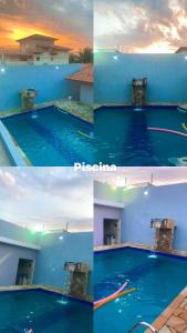 uma colagem de quatro fotos de uma piscina em Casa de praia em Itanhaém