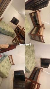 uma colagem de três fotos de um quarto com uma cama em Casa de praia em Itanhaém