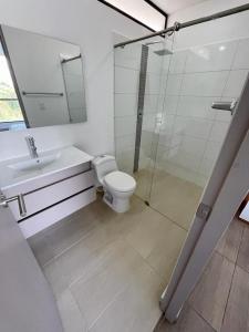 W łazience znajduje się toaleta, umywalka i prysznic. w obiekcie Cómodo Apartamento en Manizales w mieście Manizales