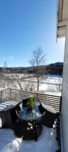 a table with a potted plant sitting on a patio at Skogan in Leirfjord