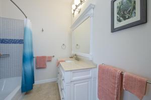 a bathroom with a sink and a mirror at Aqua Villa home in Governorʼs Harbour