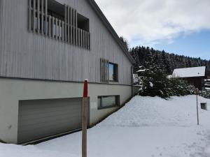 un edificio con mucha nieve delante en Spacieux studio 38m2 avec sauna en Les Paccots