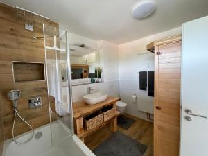 ヴェッチャウにあるModernes Appartment mit Sauna nahe Burg im Spreewaldの洗面台とガラスのシャワーを備えたバスルーム