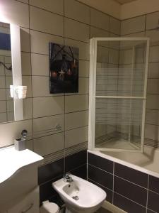 La salle de bains est pourvue d'un lavabo, de toilettes et d'une douche. dans l'établissement Côté Jardin, à Ornans